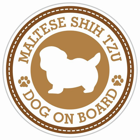 Dog on board MALTESE SHIH TZU マルシーズー ブラウン 肉球マーク 直径13cm 丸型 シール カーステッカー