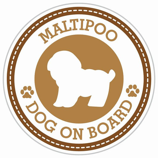 Dog on board MALTIPOO マルプー ブラウン 肉球マーク 直径13cm 丸型 シール カーステッカー
