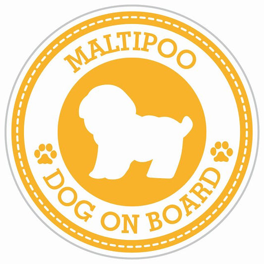Dog on board MALTIPOO マルプー イエロー 肉球マーク 直径13cm 丸型 シール カーステッカー