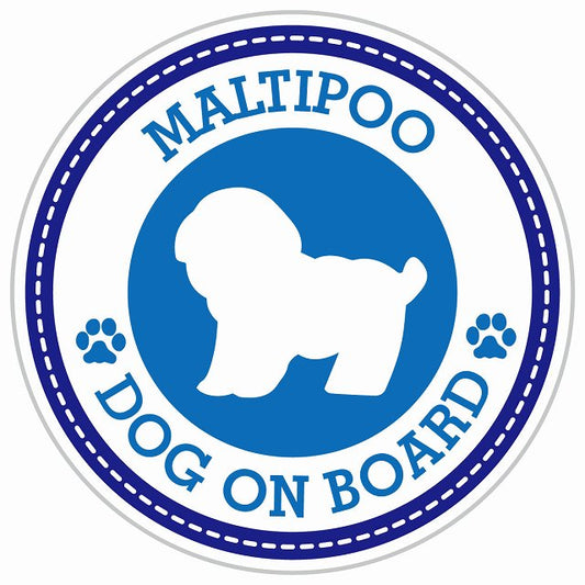 Dog on board MALTIPOO マルプー ブルー 肉球マーク 直径13cm 丸型 シール カーステッカー