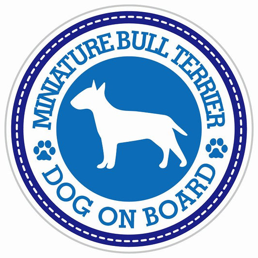 Dog on board MINIATURE BULL TERRIER ミニチュアブルテリア ブルー 肉球マーク 直径13cm 丸型 シール カーステッカー
