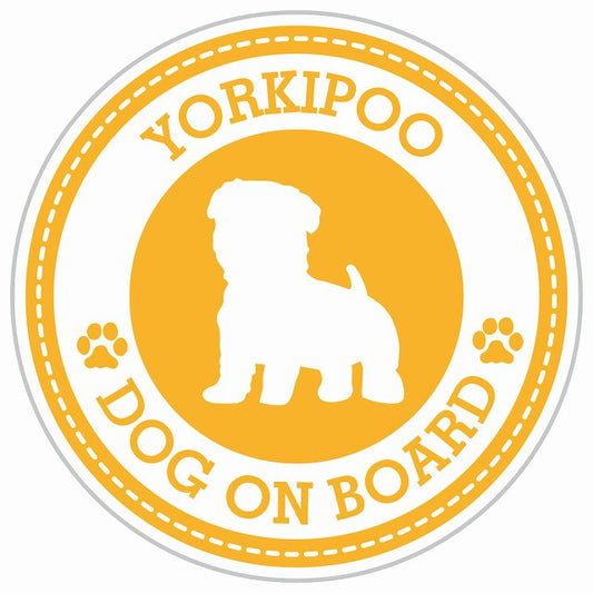 Dog on board YORKIPOO ヨープー イエロー 肉球マーク 直径13cm 丸型 シール カーステッカー