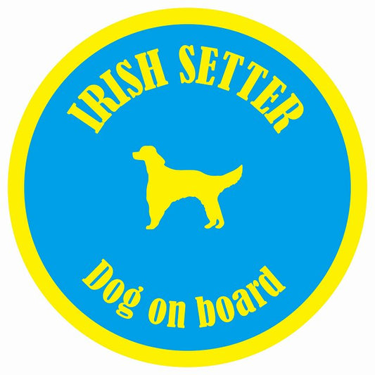 カラフル Dog on board 丸型 アイリッシュセター ブルー&イエロー 直径13cm シール カーステッカー