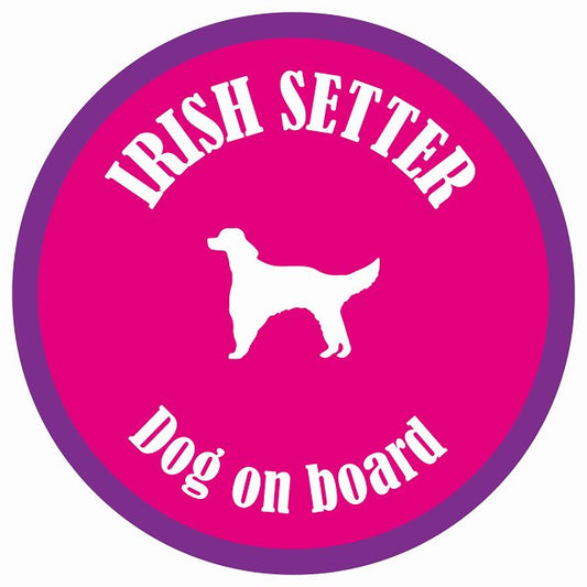 カラフル Dog on board 丸型 アイリッシュセター ピンク&パープル 直径13cm シール カーステッカー