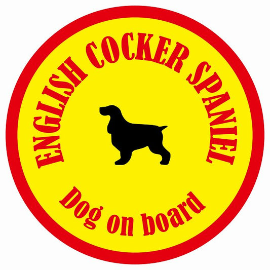 カラフル Dog on board 丸型 イングリッシュコッカースパニエル イエロー&レッド 直径13cm シール カーステッカー