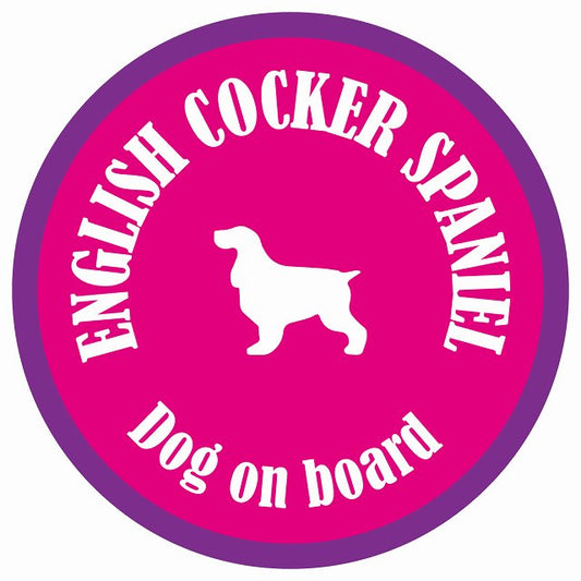 カラフル Dog on board 丸型 イングリッシュコッカースパニエル ピンク&パープル 直径13cm シール カーステッカー