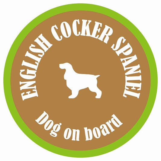 カラフル Dog on board 丸型 イングリッシュコッカースパニエル ブラウン&グリーン 直径13cm シール カーステッカー