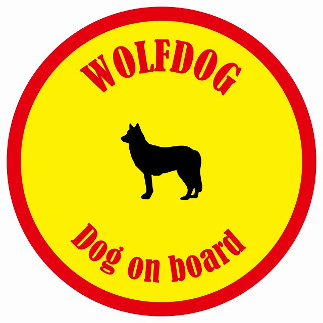 カラフル Dog on board 丸型 ウルフドッグ イエロー&レッド 直径13cm シール カーステッカー