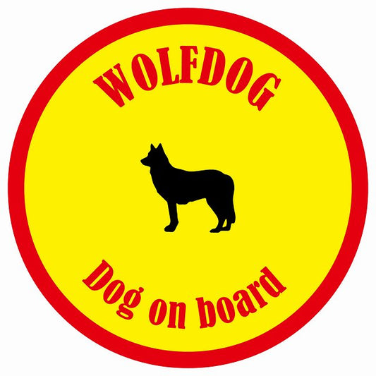 カラフル Dog on board 丸型 ウルフドッグ イエロー&レッド 直径13cm シール カーステッカー