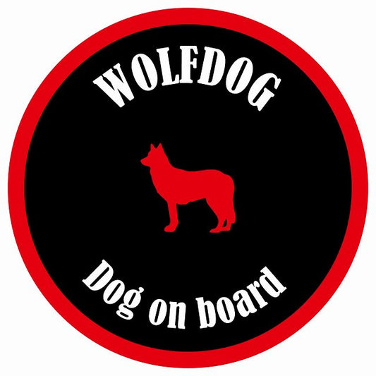 カラフル Dog on board 丸型 ウルフドッグ ブラック&レッド 直径13cm シール カーステッカー