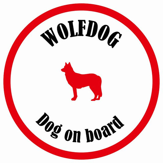 カラフル Dog on board 丸型 ウルフドッグ ホワイト&レッド 直径13cm シール カーステッカー