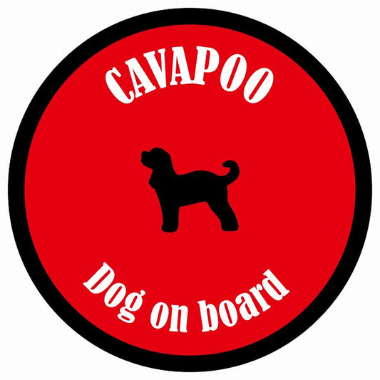 カラフル Dog on board 丸型 キャバプー レッド＆ブラック 直径13cm シール カーステッカー