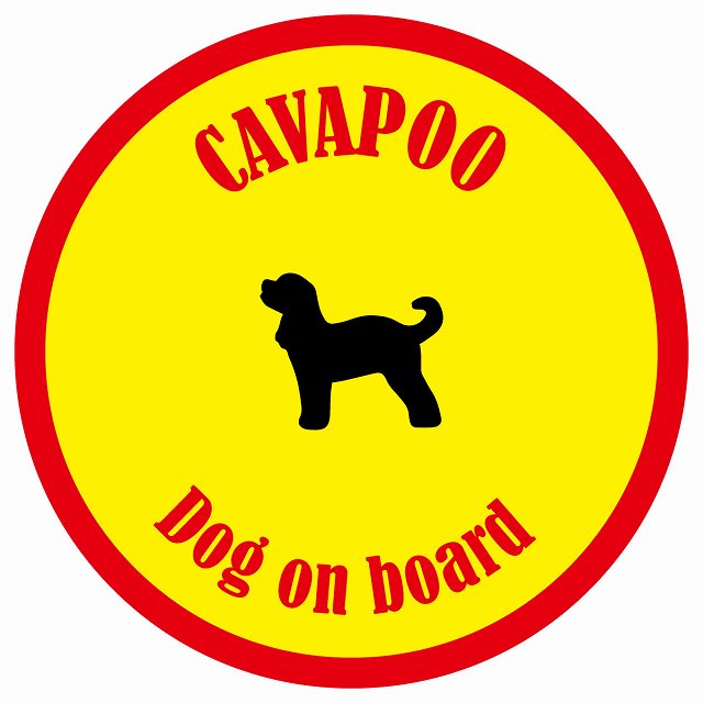 カラフル Dog on board 丸型 キャバプー イエロー&レッド 直径13cm シール カーステッカー