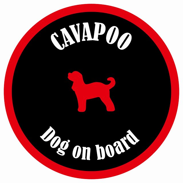 カラフル Dog on board 丸型 キャバプー ブラック&レッド 直径13cm シール カーステッカー