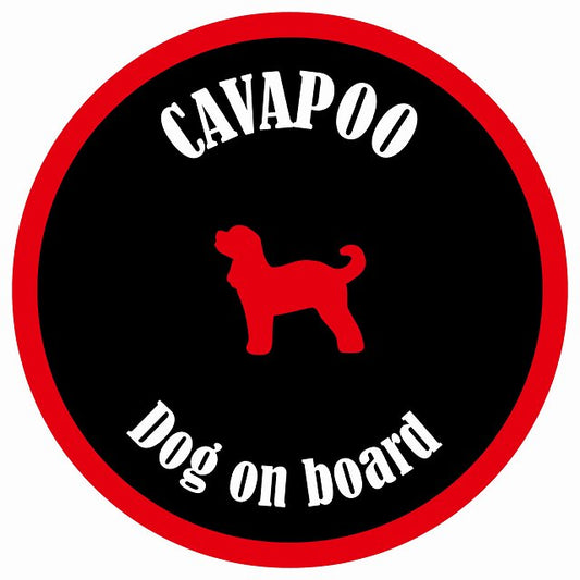 カラフル Dog on board 丸型 キャバプー ブラック&レッド 直径13cm シール カーステッカー