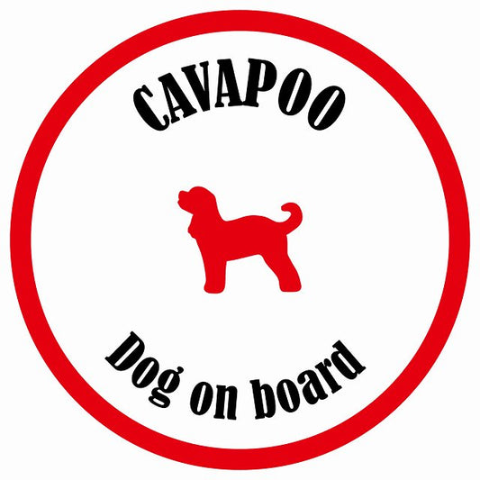 カラフル Dog on board 丸型 キャバプー ホワイト&レッド 直径13cm シール カーステッカー