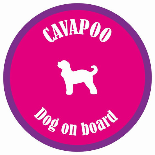 カラフル Dog on board 丸型 キャバプー ピンク&パープル 直径13cm シール カーステッカー