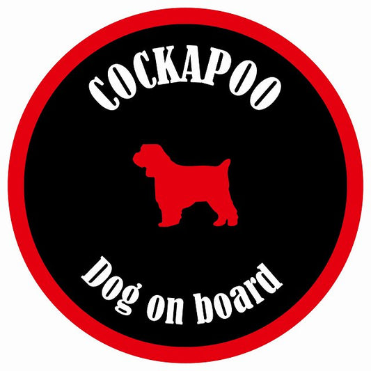 カラフル Dog on board 丸型 コッカプー ブラック&レッド 直径13cm シール カーステッカー