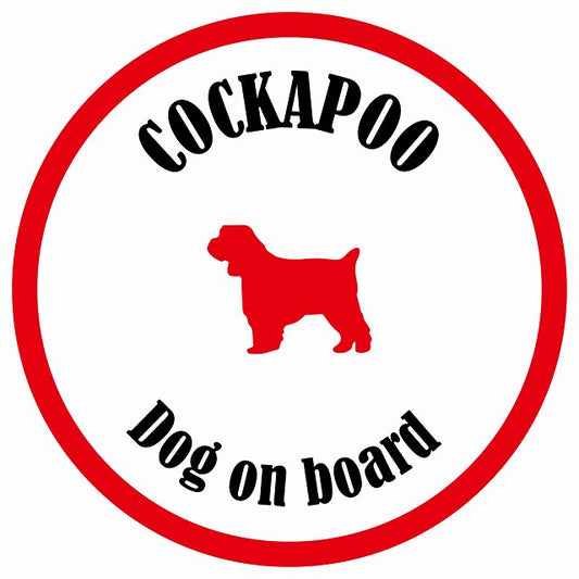 カラフル Dog on board 丸型 コッカプー ホワイト&レッド 直径13cm シール カーステッカー