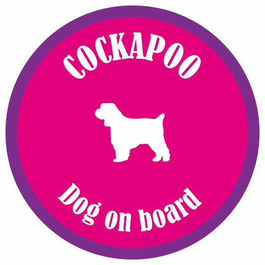 カラフル Dog on board 丸型 コッカプー ピンク&パープル 直径13cm シール カーステッカー
