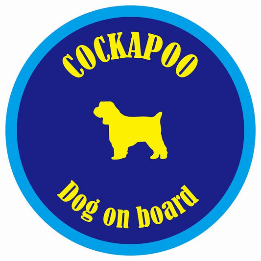 カラフル Dog on board 丸型 コッカプー ネイビー&ブルー 直径13cm シール カーステッカー