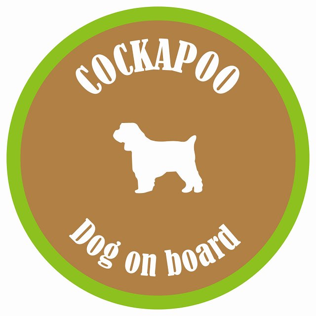 カラフル Dog on board 丸型 コッカプー ブラウン&グリーン 直径13cm シール カーステッカー