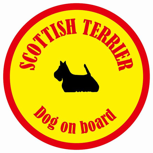 カラフル Dog on board 丸型 スコティッシュテリア イエロー&レッド 直径13cm シール カーステッカー