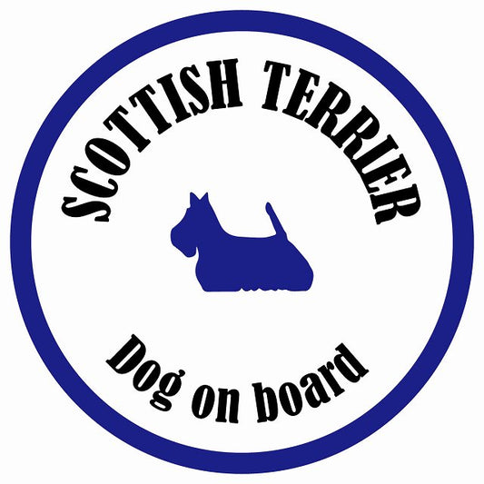 カラフル Dog on board 丸型 スコティッシュテリア ホワイト&ネイビー 直径13cm シール カーステッカー
