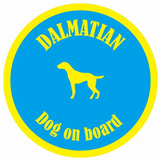 カラフル Dog on board 丸型 ダルメシアン ブルー&イエロー 直径13cm シール カーステッカー