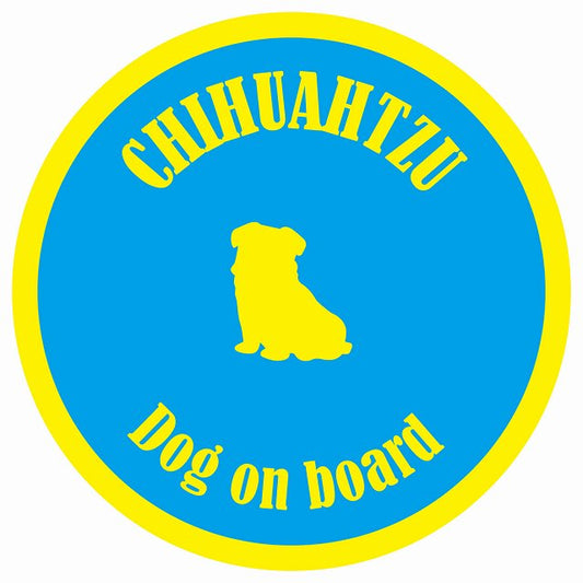カラフル Dog on board 丸型 チワズー ブルー&イエロー 直径13cm シール カーステッカー