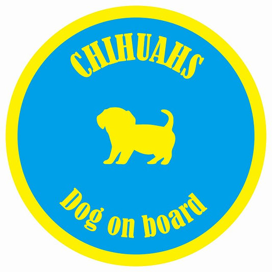 カラフル Dog on board 丸型 チワックス ブルー&イエロー 直径13cm シール カーステッカー
