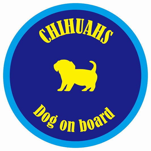 カラフル Dog on board 丸型 チワックス ネイビー&ブルー 直径13cm シール カーステッカー