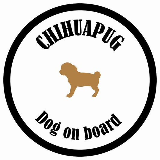 カラフル Dog on board 丸型 チワパグ ホワイト&ブラック 直径13cm シール カーステッカー