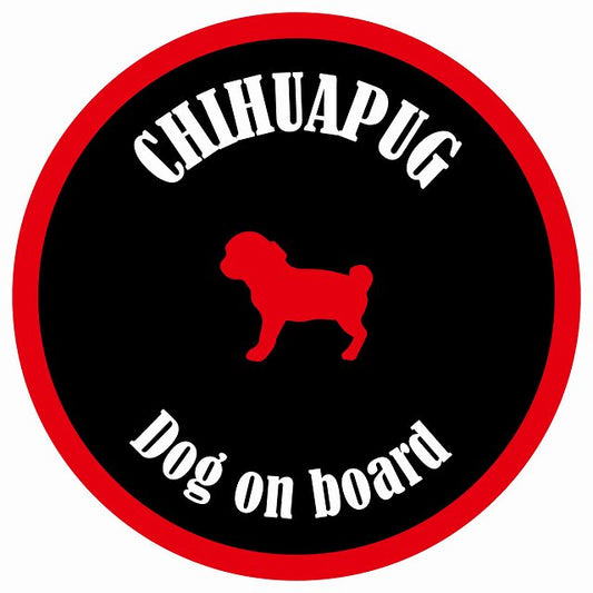 カラフル Dog on board 丸型 チワパグ ブラック&レッド 直径13cm シール カーステッカー