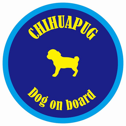 カラフル Dog on board 丸型 チワパグ ネイビー&ブルー 直径13cm シール カーステッカー