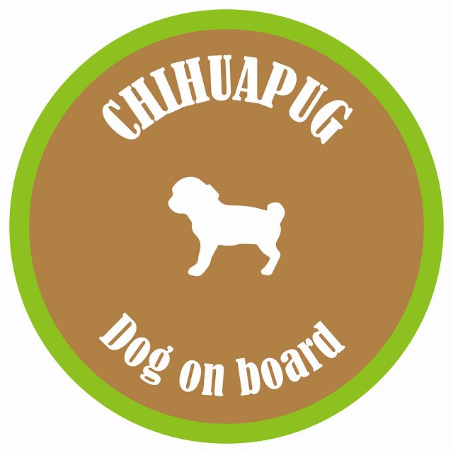 カラフル Dog on board 丸型 チワパグ ブラウン&グリーン 直径13cm シール カーステッカー