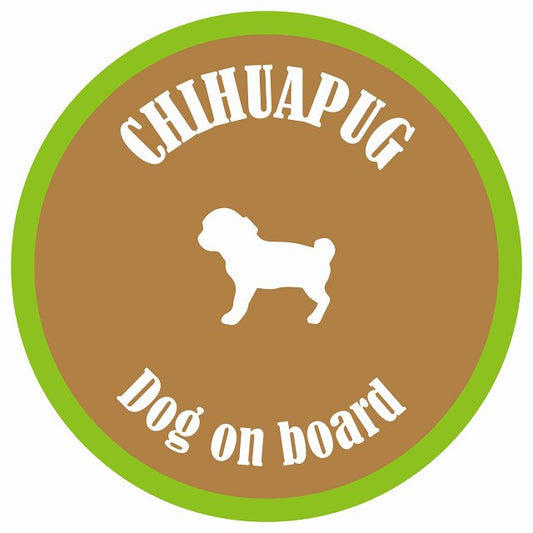 カラフル Dog on board 丸型 チワパグ ブラウン&グリーン 直径13cm シール カーステッカー