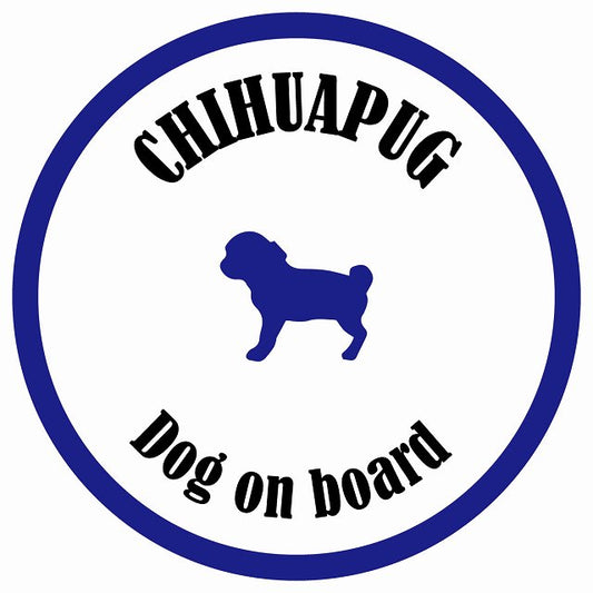 カラフル Dog on board 丸型 チワパグ ホワイト&ネイビー 直径13cm シール カーステッカー