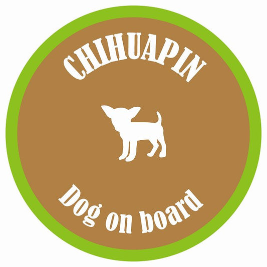 カラフル Dog on board 丸型 チワピン ブラウン&グリーン 直径13cm シール カーステッカー