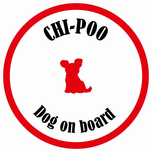 カラフル Dog on board 丸型 チワプー ホワイト&レッド 直径13cm シール カーステッカー
