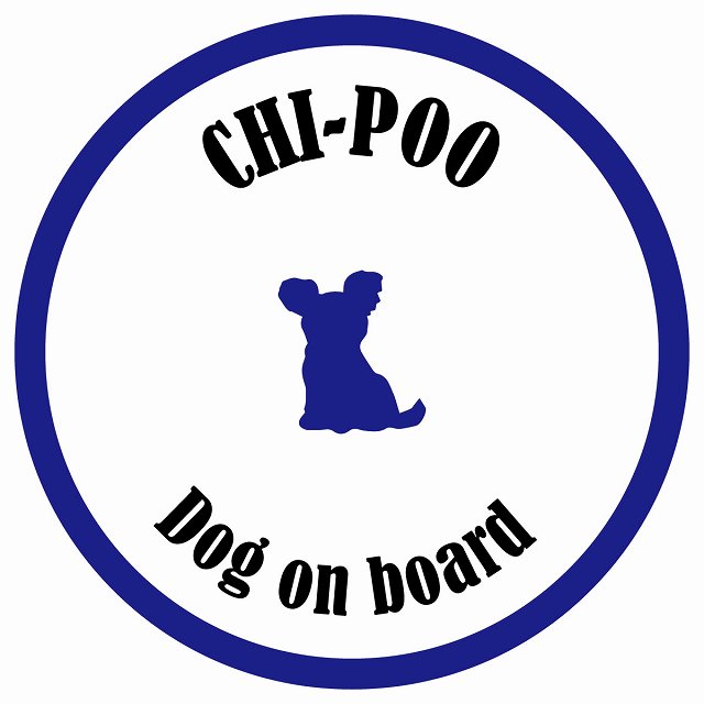 カラフル Dog on board 丸型 チワプー ホワイト&ネイビー 直径13cm シール カーステッカー