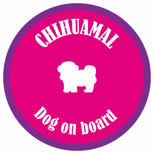 カラフル Dog on board 丸型 チワマル ピンク&パープル 直径13cm シール カーステッカー