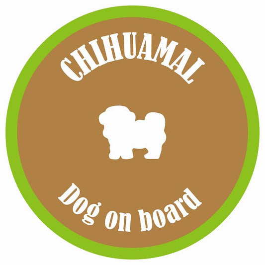 カラフル Dog on board 丸型 チワマル ブラウン&グリーン 直径13cm シール カーステッカー