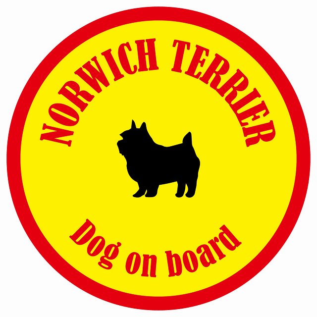カラフル Dog on board 丸型 ノーリッチテリア イエロー&レッド 直径13cm シール カーステッカー