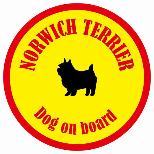 カラフル Dog on board 丸型 ノーリッチテリア イエロー&レッド 直径13cm シール カーステッカー