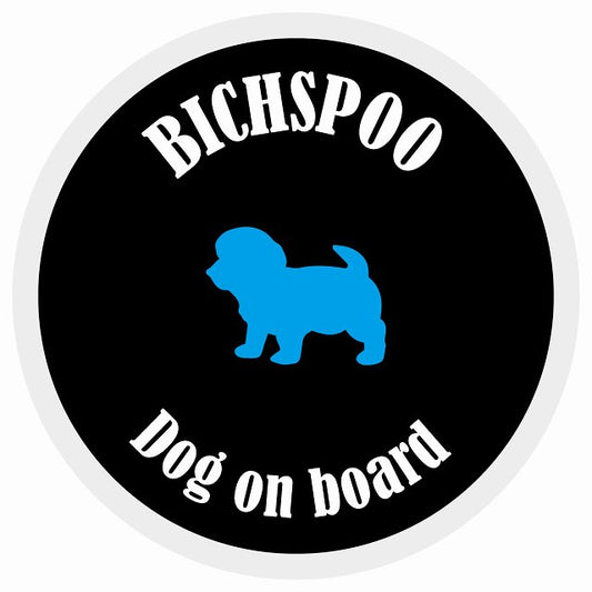 カラフル Dog on board 丸型 ビションプー ブラック&ホワイト 直径13cm シール カーステッカー