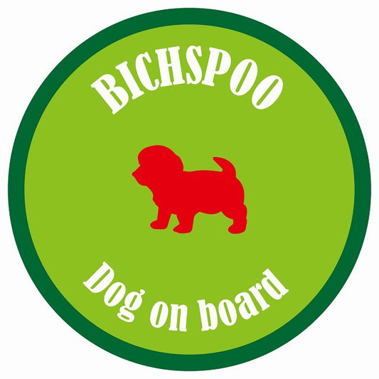 カラフル Dog on board 丸型 ビションプー ライトグリーン&グリーン 直径13cm シール カーステッカー