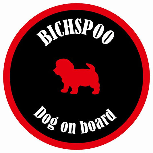 カラフル Dog on board 丸型 ビションプー ブラック&レッド 直径13cm シール カーステッカー