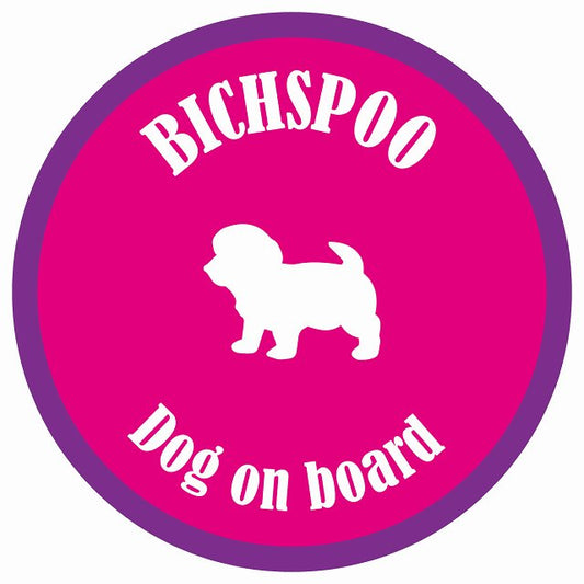 カラフル Dog on board 丸型 ビションプー ピンク&パープル 直径13cm シール カーステッカー