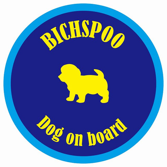 カラフル Dog on board 丸型 ビションプー ネイビー&ブルー 直径13cm シール カーステッカー